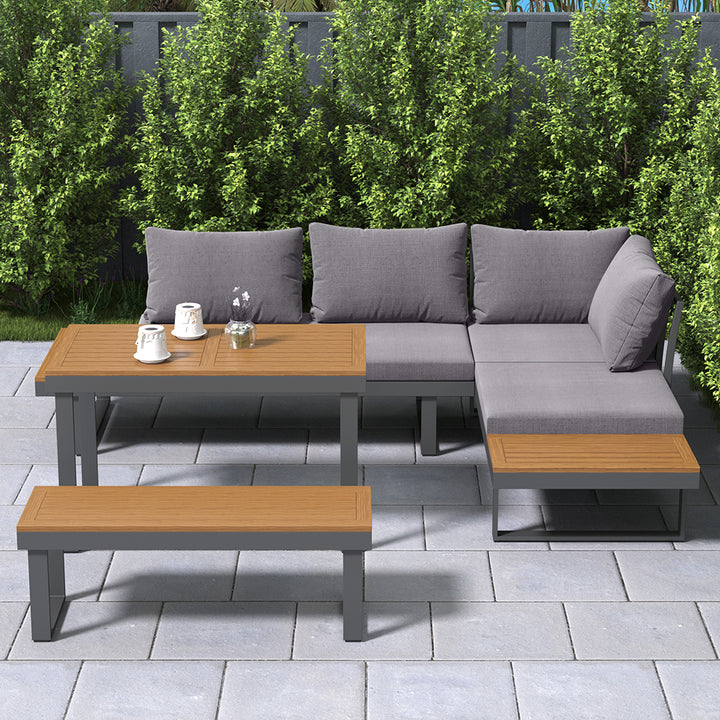 4 Pieces Aluminum Wood Outdoor Sectional Sofa Set for 5 Person with Dining Table Natural