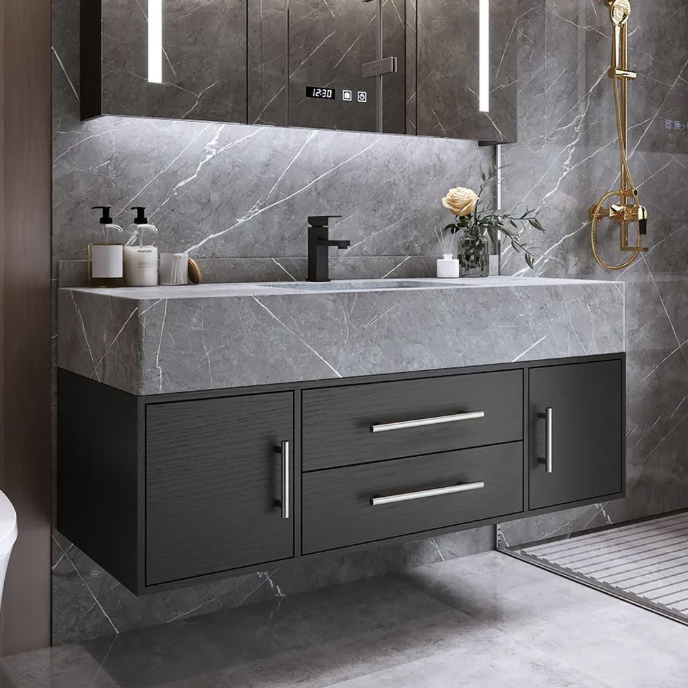 Modern 1000mm Floating Black Bathroom Vanity Stone Top Wall Mounted Bathroom Cabinet