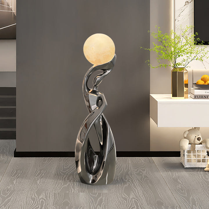 Silver Sculpture with Illuminated Sphere Modern Art Decor for Living Room