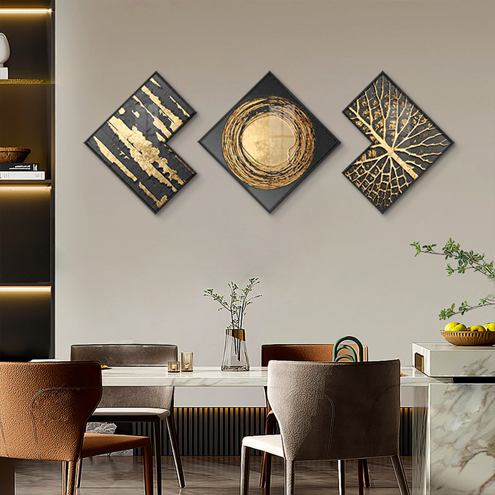 Modern Gold & Black Abstract Wall Art Set of 3 Luxury Textured Wall Decor