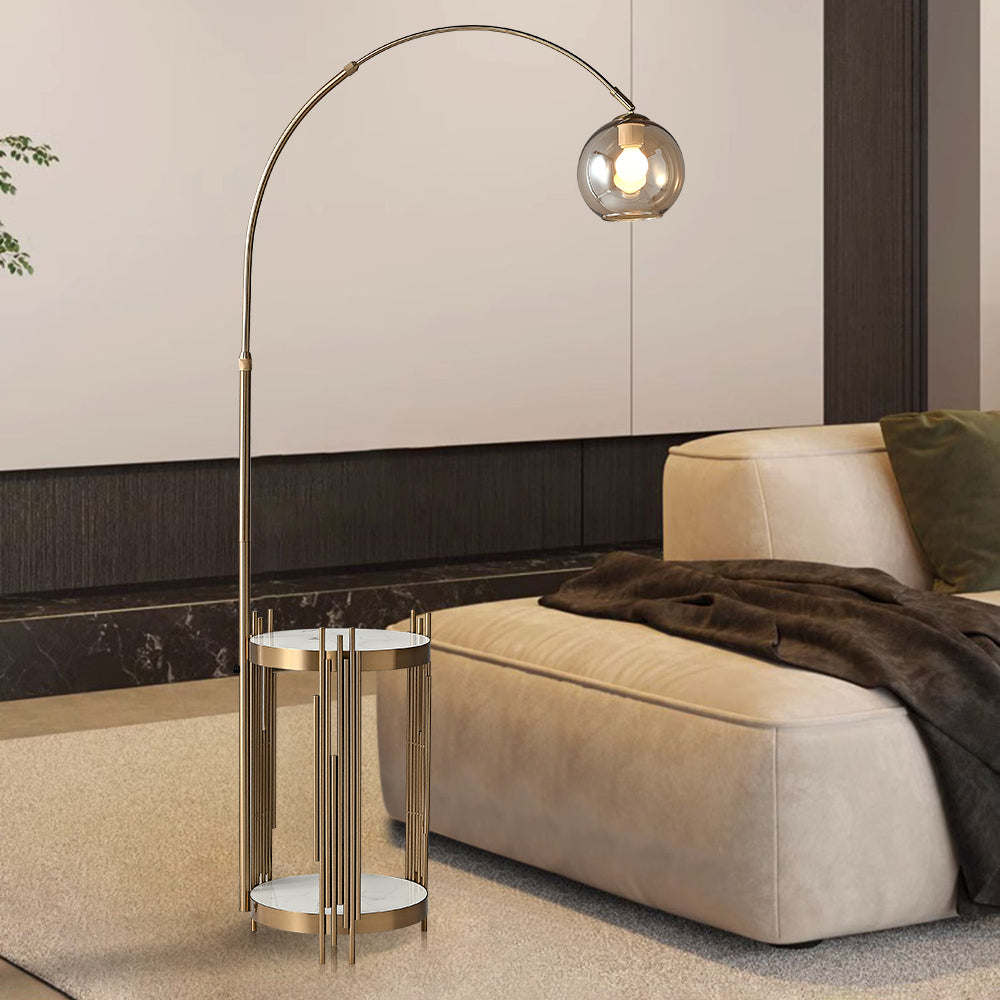 Modern Arc Floor Lamp End Table with Glass Shade, Wireless Charger & USB Port