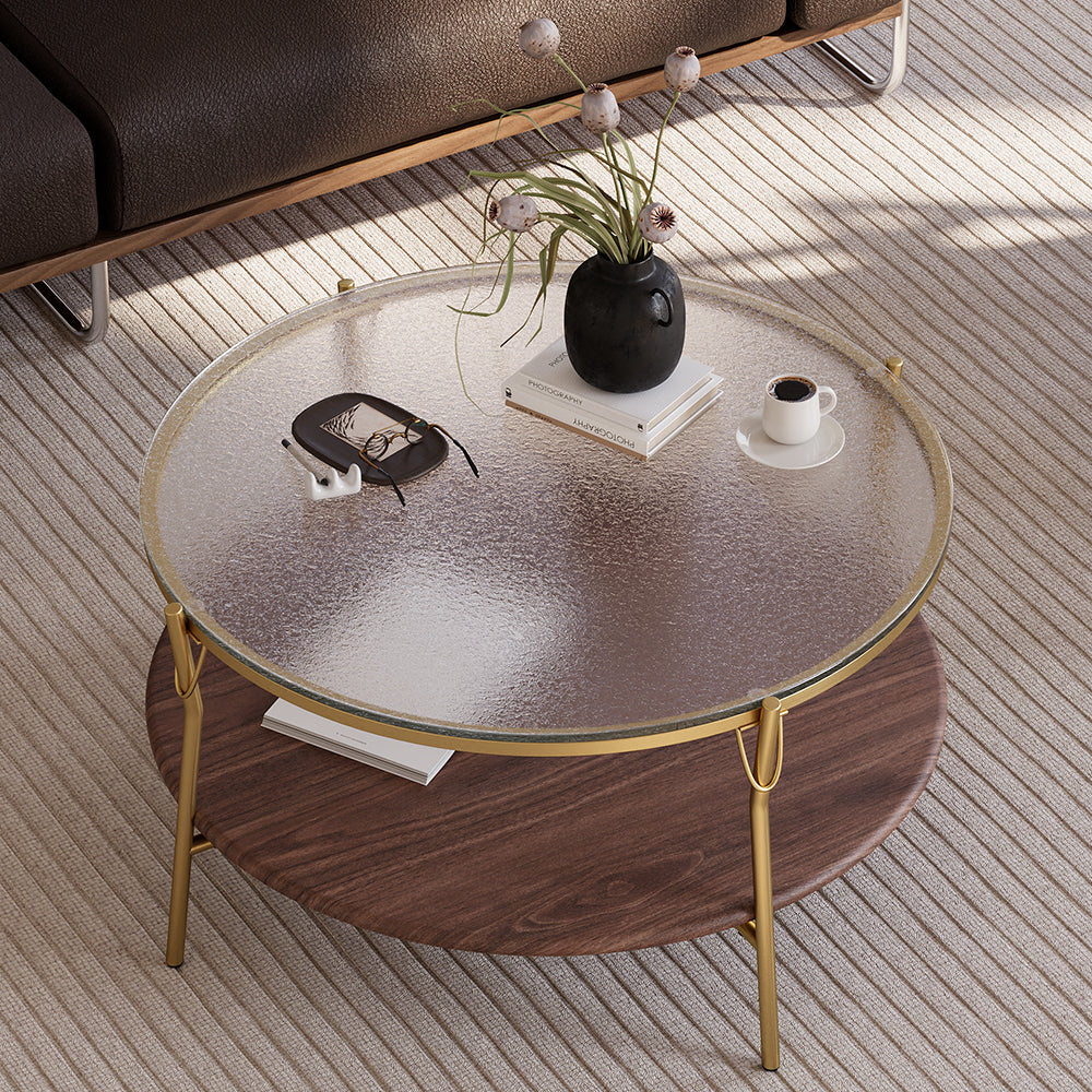 Glass Top Double-Layered Coffee Table with Metal Frame and Wood Layer