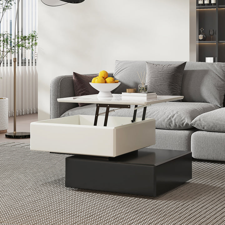 Modern Black & Khaki Lift Top Small Square Sintered Stone Rotating Coffee Table with Storage