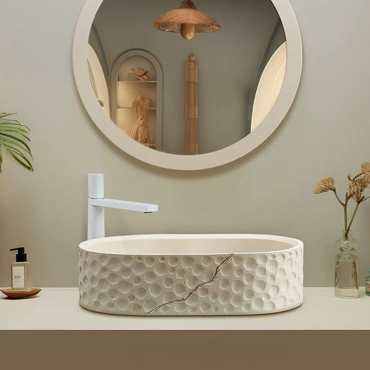 605mm Stone Resin Oval Countertop Basin Japandi Washbasin