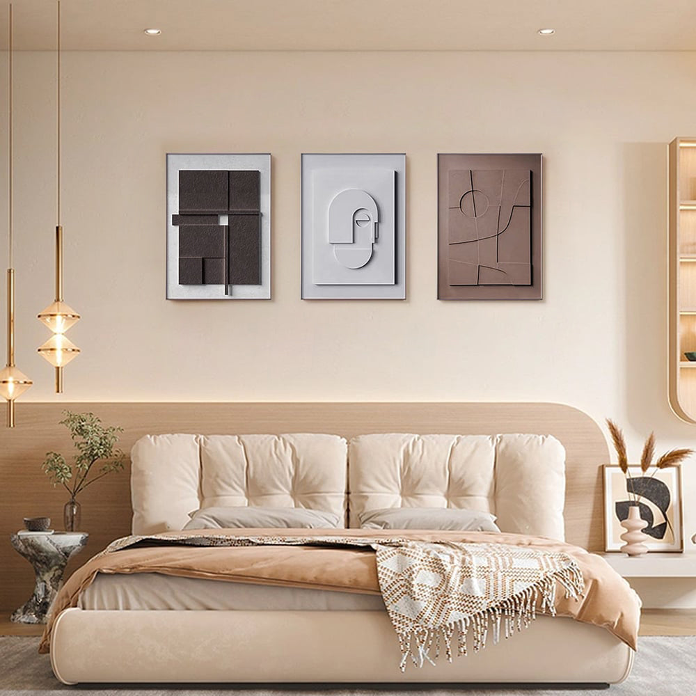 3 Pieces Japandi Geometric Canvas Wall Art Painting Wall Decor Set with Rectangle Frame