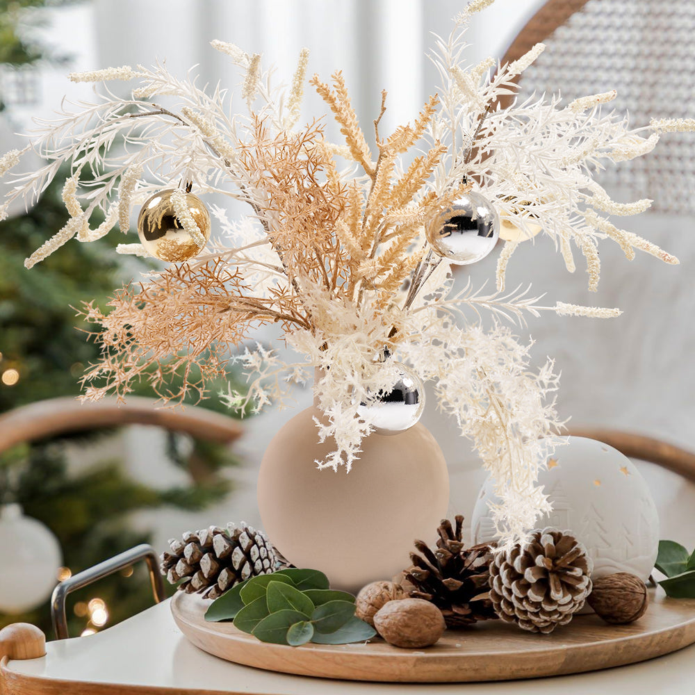 Christmas Rime White Artificial Flower in Vase with Decorative Balls Centerpiece Fake Flower Decor