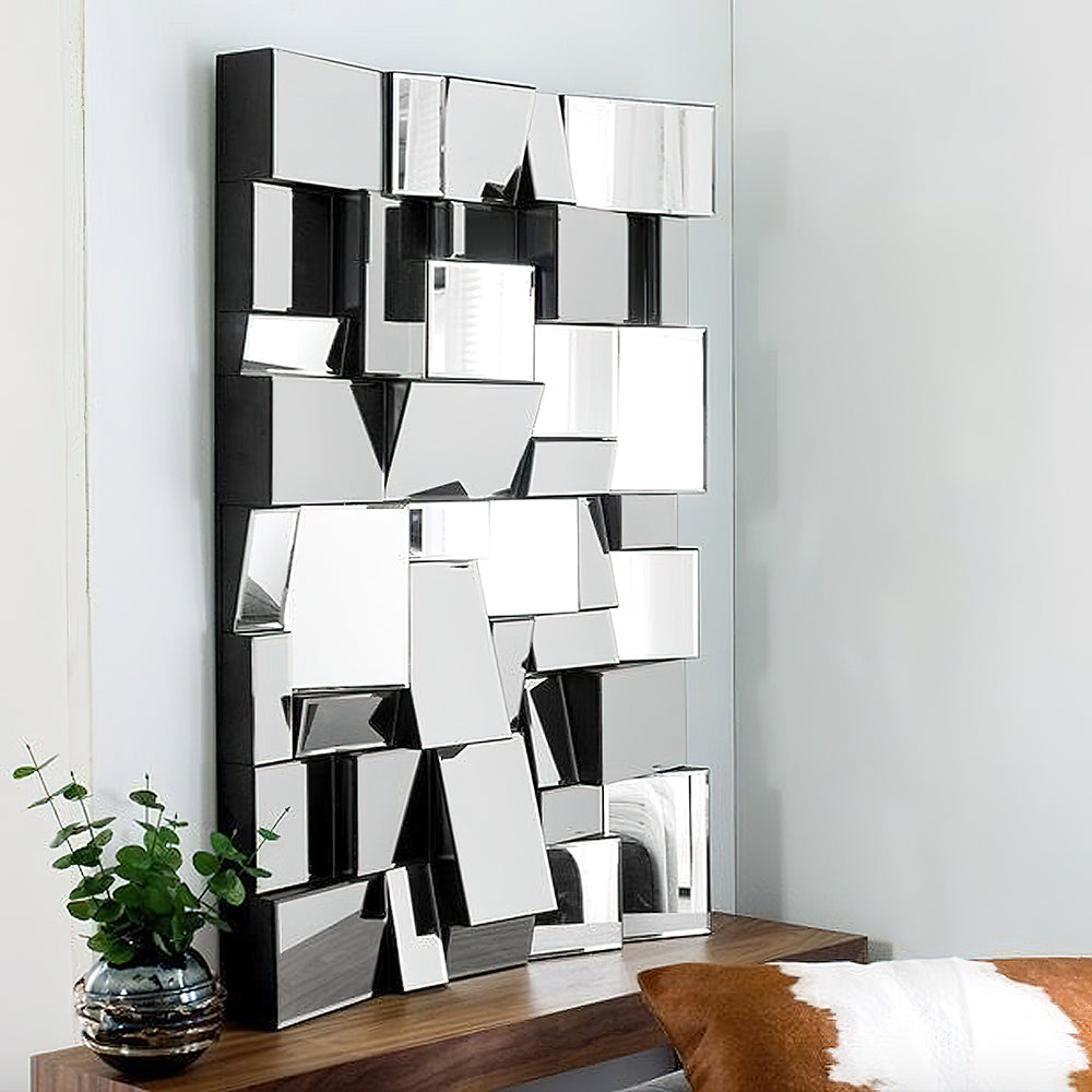 1000mm Modern Silver Rectangle Glam Irregular Earthquake Wall Mirror Decor Art with Geometric Frame in the Living Room