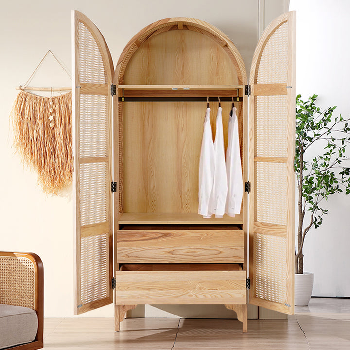 Natural Woven Rattan Bedroom Clothing Armoire with Hidden 2 Doors and Drawers Wardrobe