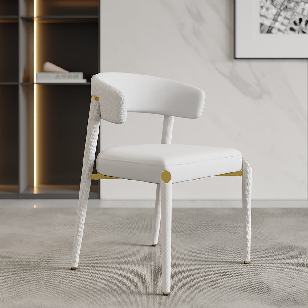 Set of 2 Modern White Dining Chairs with Woven PU Leather Upholstered & Metal Frame