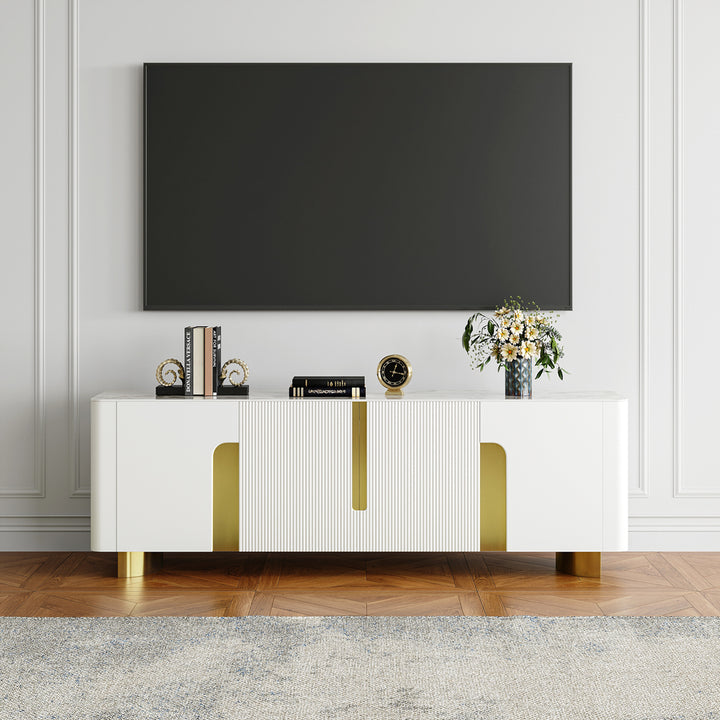 Artus Modern Beige TV Stand Stone Top 4 Doors with Storage Media Console TVs up to 2159m