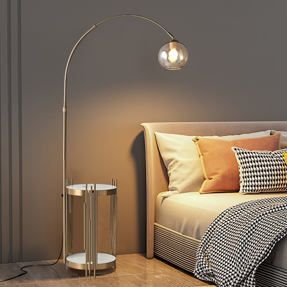 Modern Arc Floor Lamp End Table with Glass Shade, Wireless Charger & USB Port