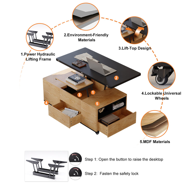 Modern Lift Top Coffee Table Multi Functional Table with 3 Drawers in Natural & Black