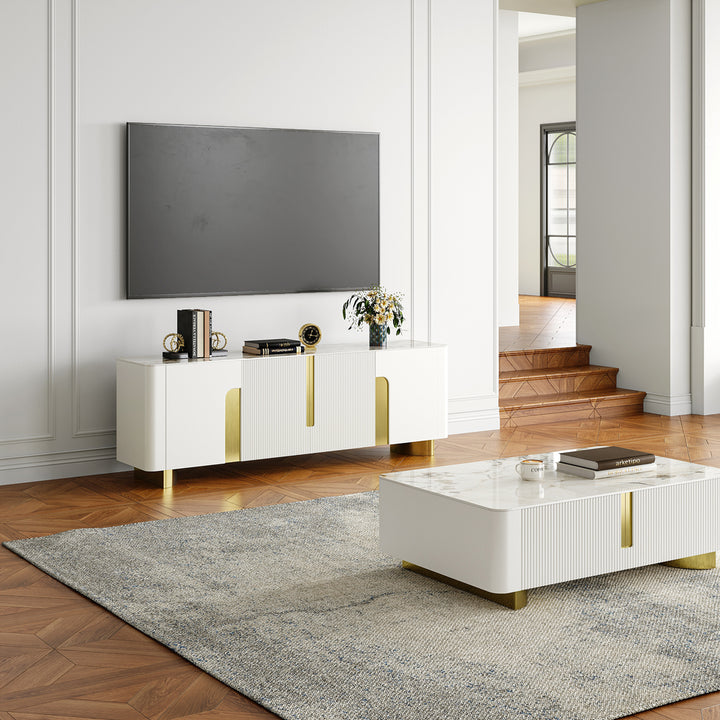 Artus Modern Beige TV Stand Stone Top 4 Doors with Storage Media Console TVs up to 2159m