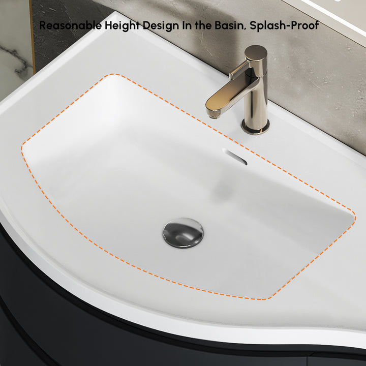 35.4" Floating Curved Bathroom Vanity Wall Mounted Half-Circle Black Bathroom Cabinet with Sink