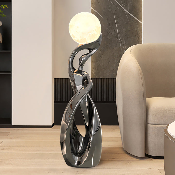 Silver Sculpture with Illuminated Sphere Modern Art Decor for Living Room