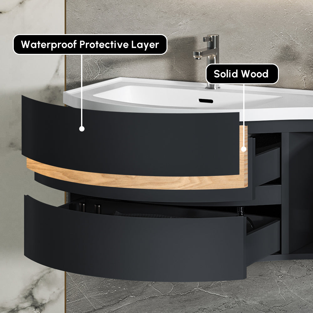 35.4" Floating Curved Bathroom Vanity Wall Mounted Half-Circle Black Bathroom Cabinet with Sink