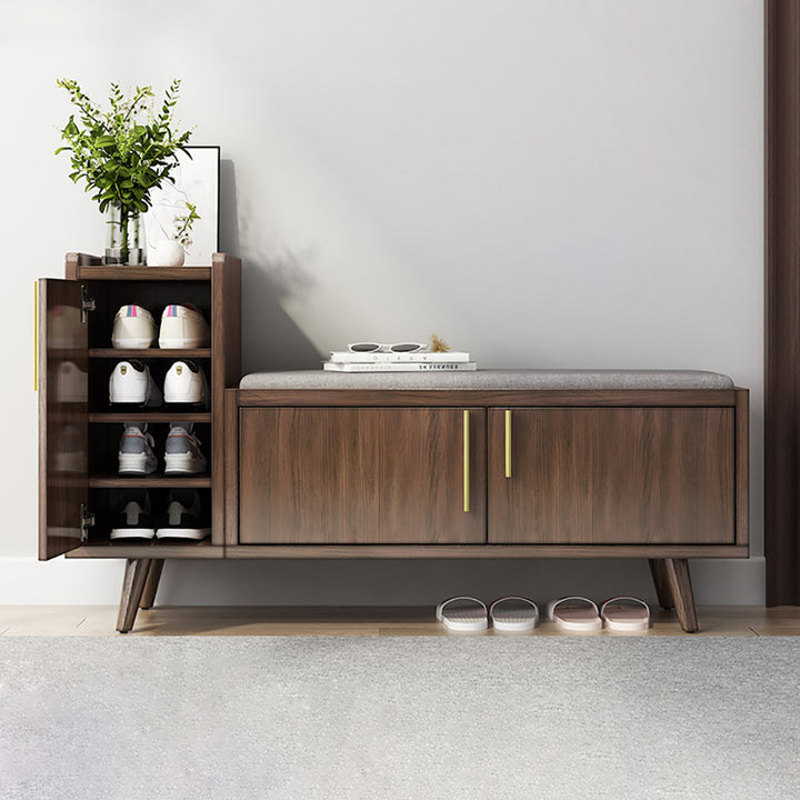 Shoe Storage Entryway Bench Wooden with 3 Doors & 5 Shelves Shoe Rack in Black Walnut (1200mm Wide)