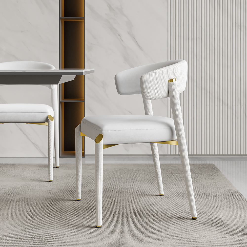 Set of 2 Modern White Dining Chairs with Woven PU Leather Upholstered & Metal Frame