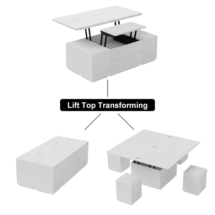 Modern White Lift Top Marble Coffee Table with Drawers & Storage Multifunction Table