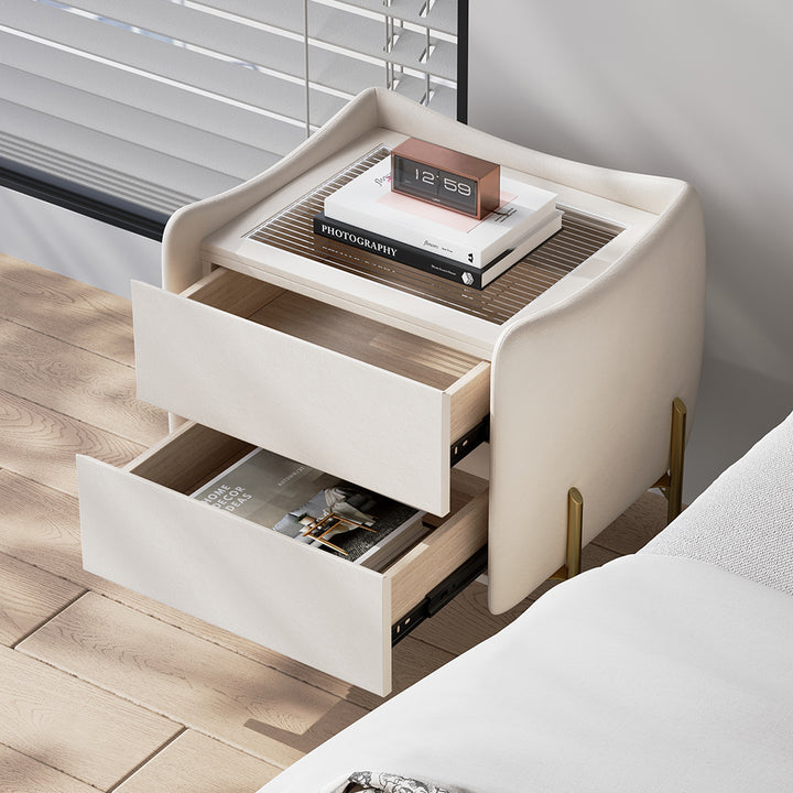 Modern White 2 Drawer Leather Nightstand Bedside Table with Glass Top