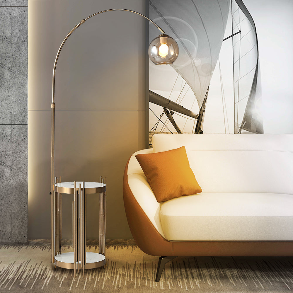 Modern Arc Floor Lamp End Table with Glass Shade, Wireless Charger & USB Port