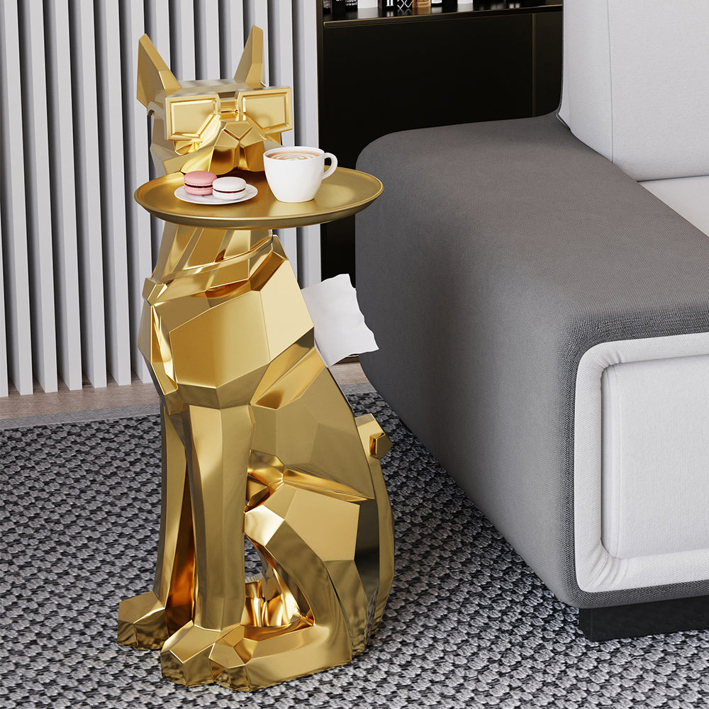 Modern Gold Resin Dog Sculpture Cute End Side Table with Metal Storage Tray Tissue Box