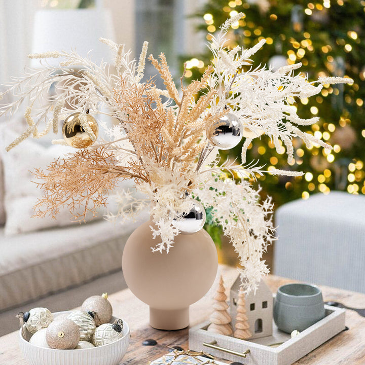 Christmas Rime White Artificial Flower in Vase with Decorative Balls Centerpiece Fake Flower Decor