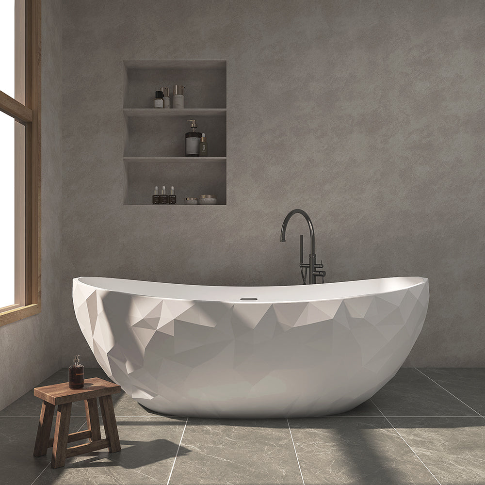 64" Diamond-Cut Freestanding Soaking Solid Surface Bathtub Bathtub