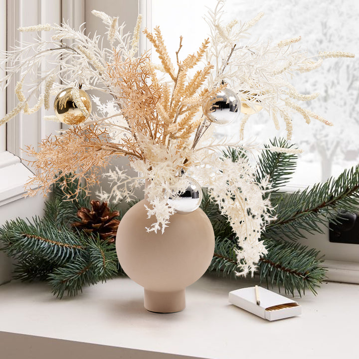 Christmas Rime White Artificial Flower in Vase with Decorative Balls Centerpiece Fake Flower Decor