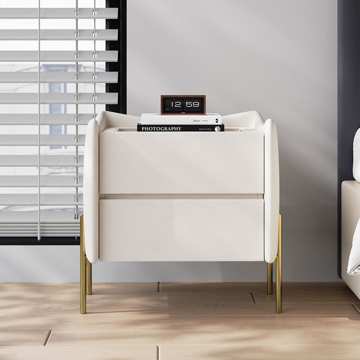 Modern White 2 Drawer Leather Nightstand Bedside Table with Glass Top