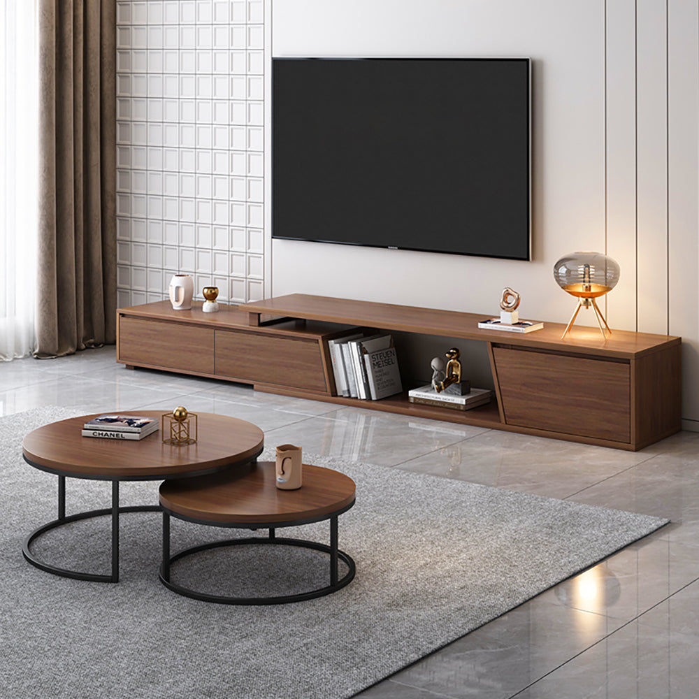 Living Room Set Walnut Rectangle Extendable TV Stand & Round Nesting Coffee Table Set