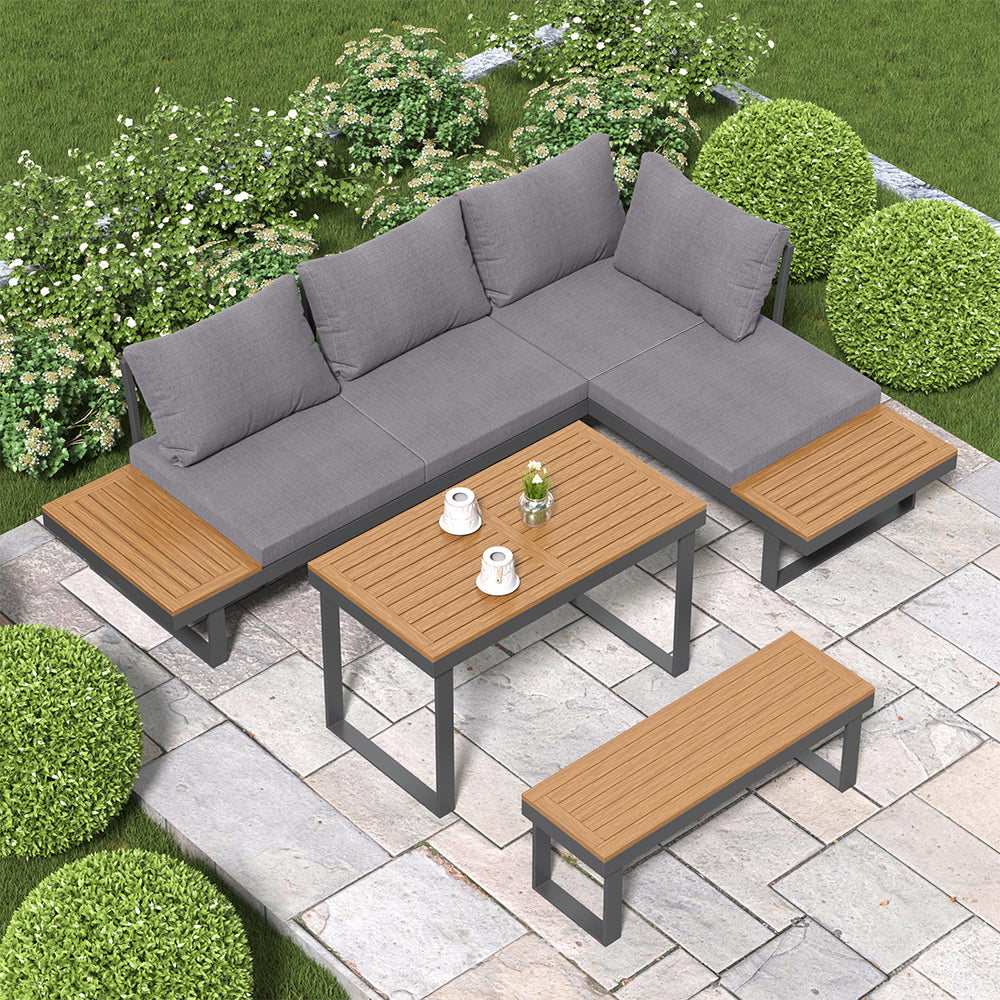 4 Pieces Aluminum Wood Outdoor Sectional Sofa Set for 5 Person with Dining Table Natural