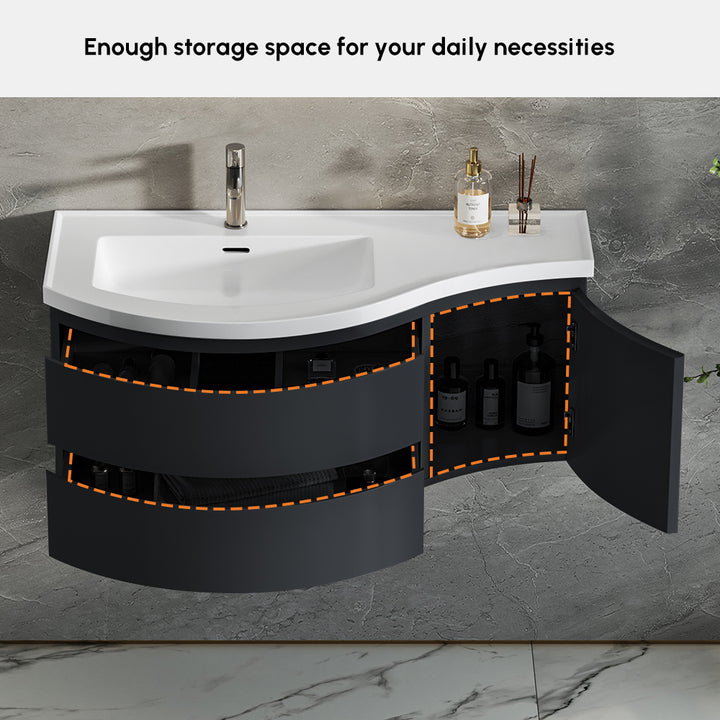 35.4" Floating Curved Bathroom Vanity Wall Mounted Half-Circle Black Bathroom Cabinet with Sink