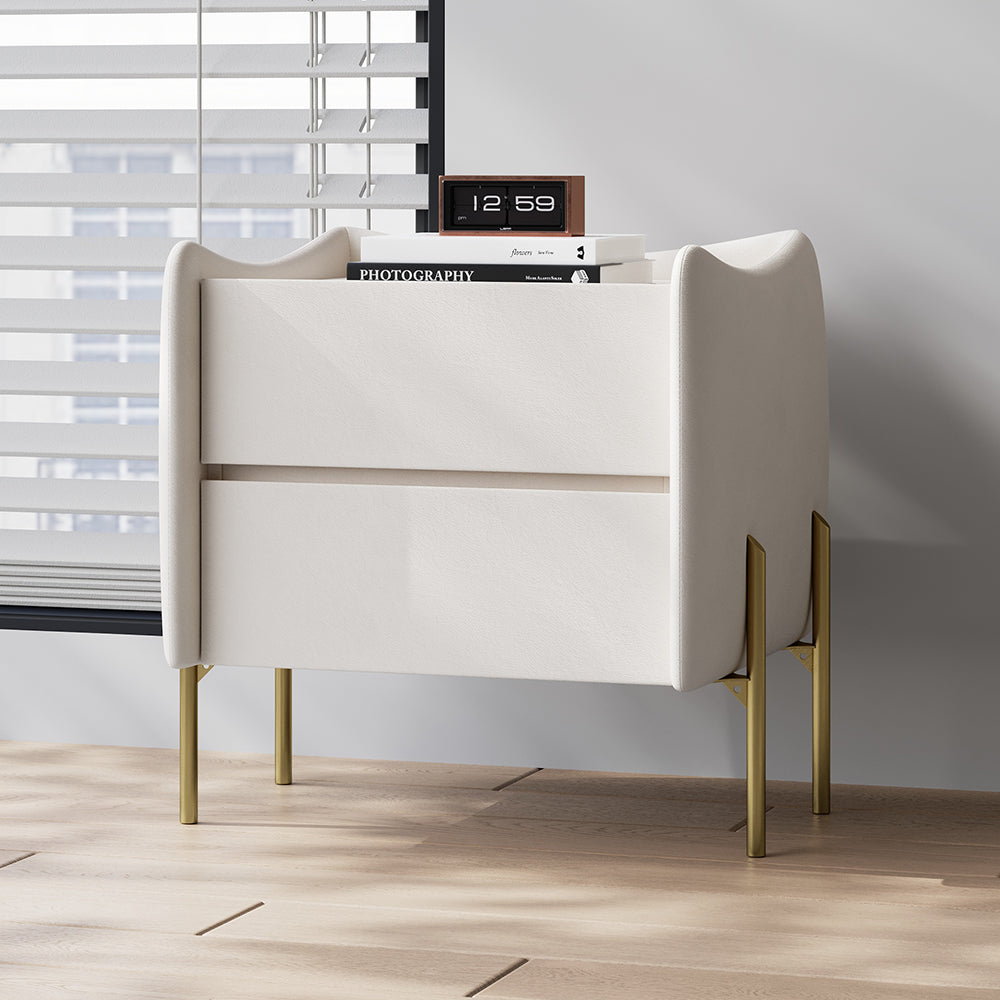 Modern White 2 Drawer Leather Nightstand Bedside Table with Glass Top