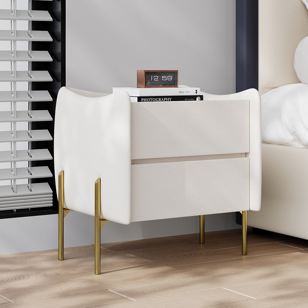 Modern White 2 Drawer Leather Nightstand Bedside Table with Glass Top