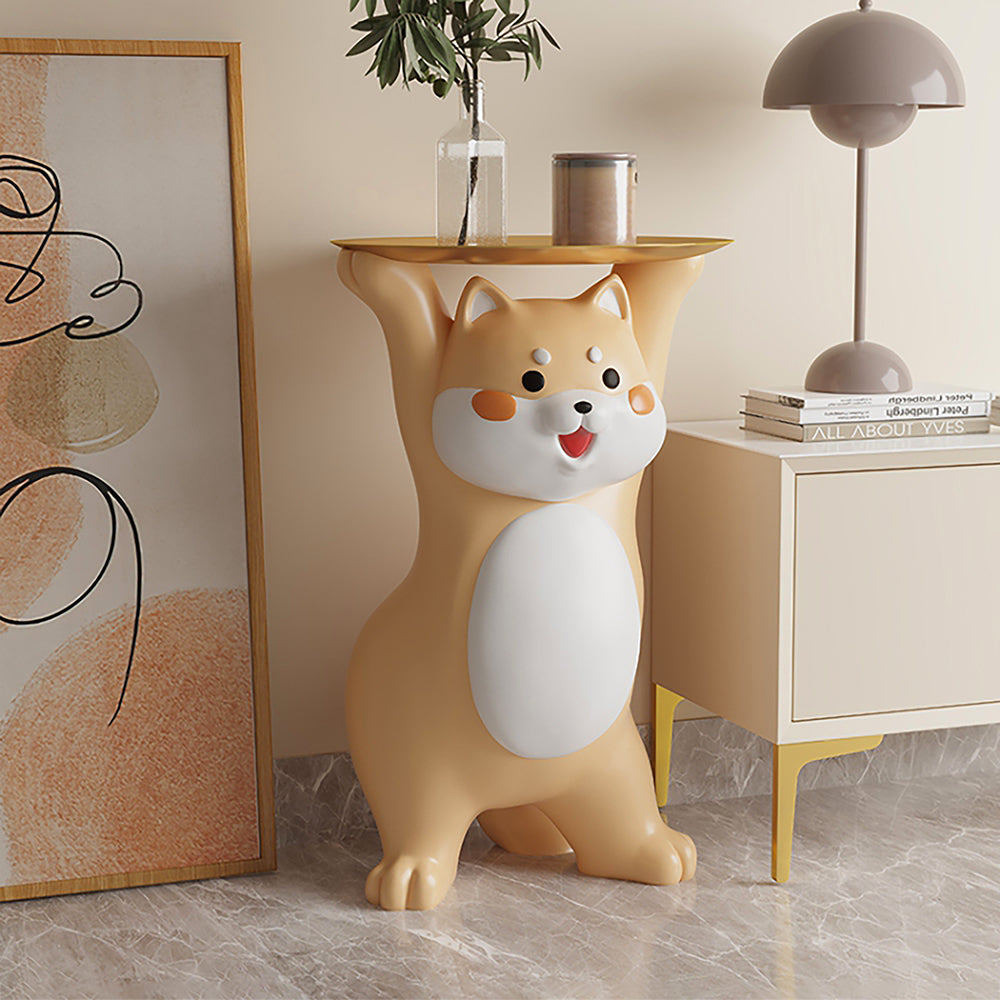 Modern Dog Shiba Inu Side Table Floor Resin Figurine with Gold Tray End Table