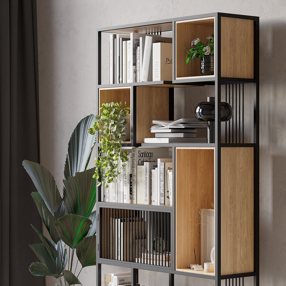 2000mm Modern Black Steel Geometric Bookcase 6-Tier Bookshelf Wooden Tall Book Shelf