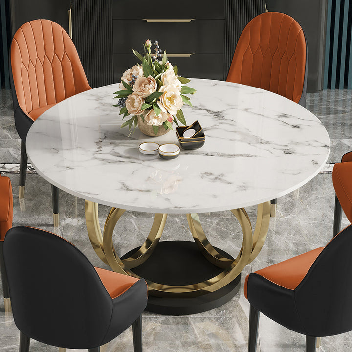 53.1" Contemporary Round Dining Table with Faux Marble Top in White & Gold