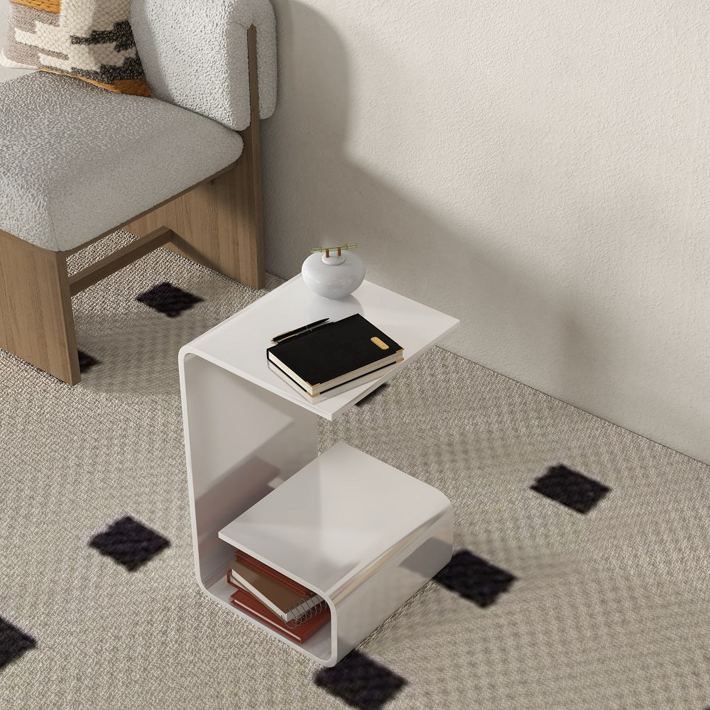 Modern White Acrylic End Table with Storage C-Shaped Side Table