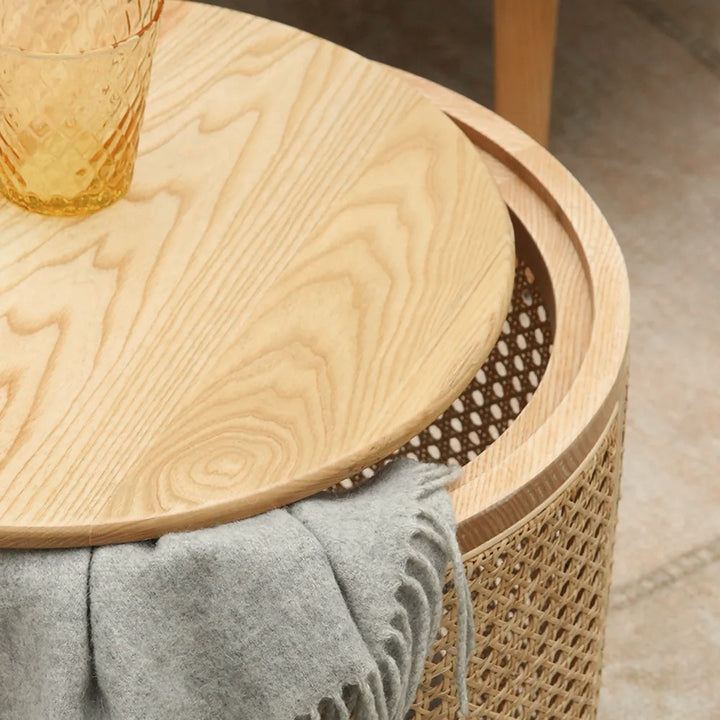 Japandi Round End Table with Storage Rattan Side Table