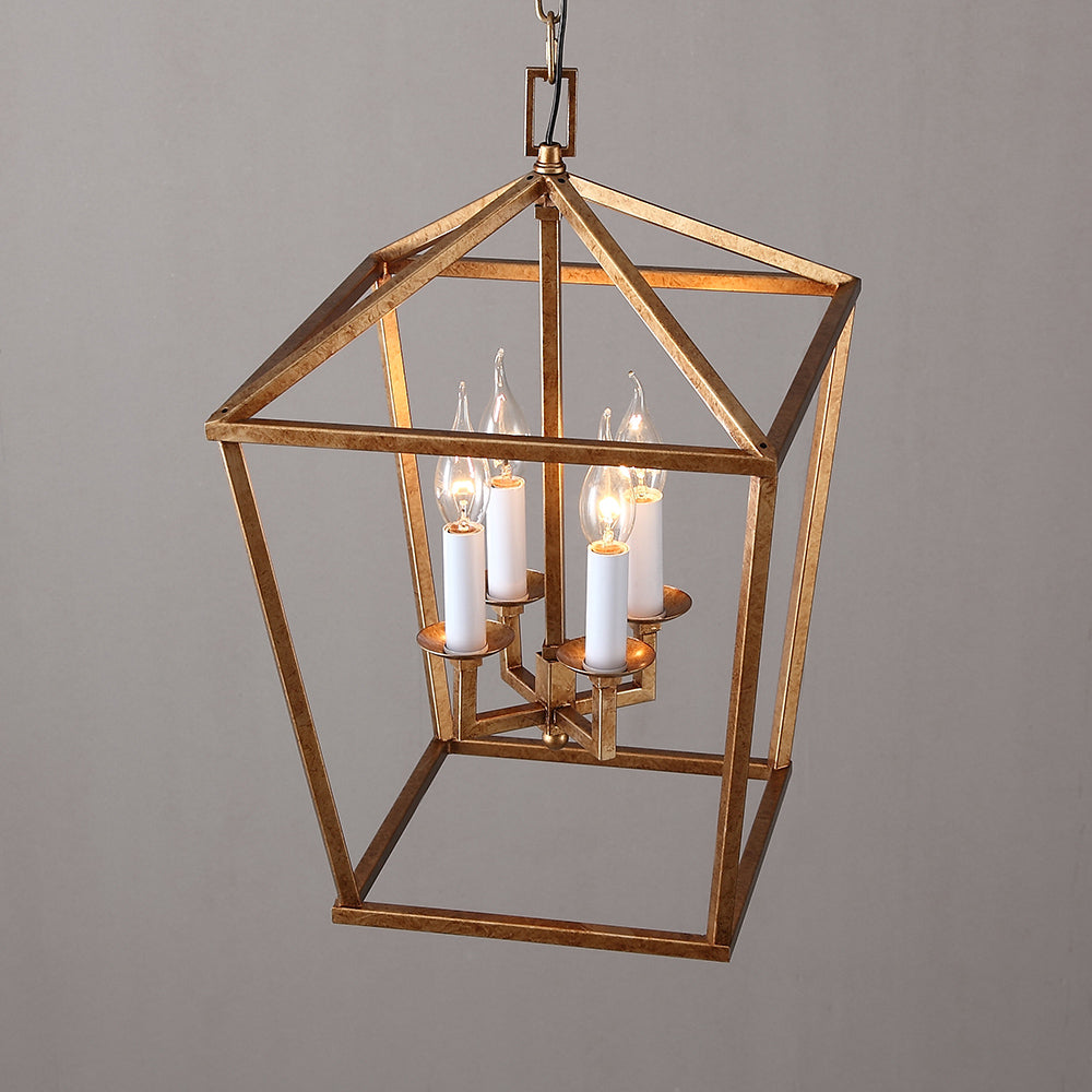 Rustic Geometric Cage Frame 4 Candle Light Kitchen Foyer Pendant Light in Brass