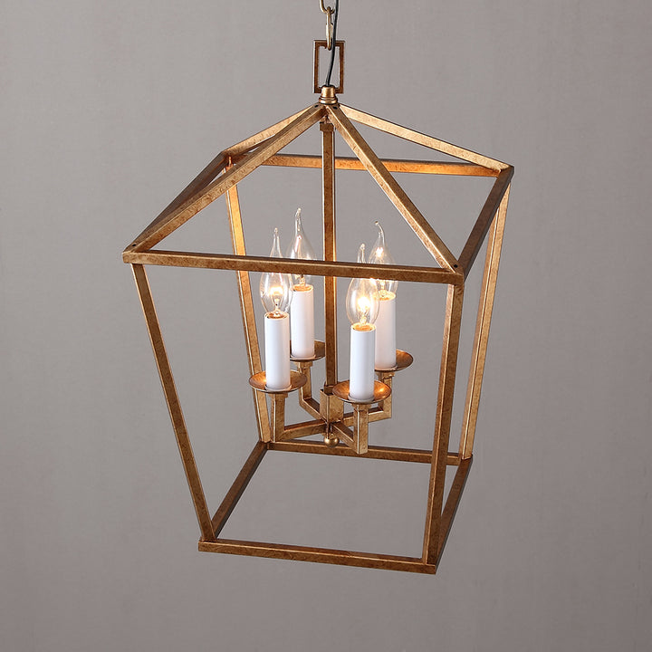 Rustic Geometric Cage Frame 4 Candle Light Kitchen Foyer Pendant Light in Brass