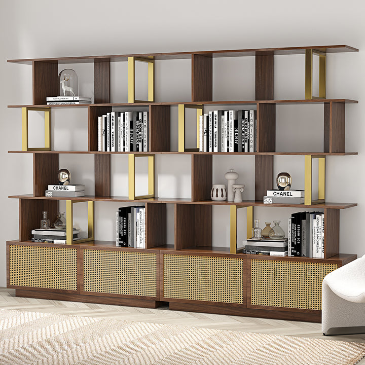 5-Tier Walnut Bookshelf with 2 Drawers Wooden Bookcase in Gold (64.8" High)