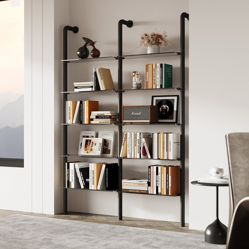 5-Tier Industrial Ladder Shelf Acrylic Black & Grey Wall Mounted Display Bookshelf