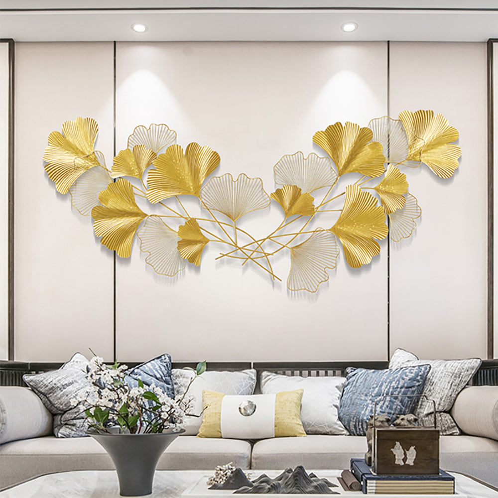 2 Pieces Modern Metal Ginkgo Leaves Wall Decor For Living Room Home Hanging Art in Gold