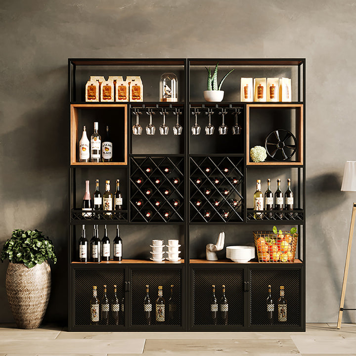 Industrial Tall Black Bar Wine Rack Cabinet with Glass Holder Wood Floor Home Bar Cabinet with Storage