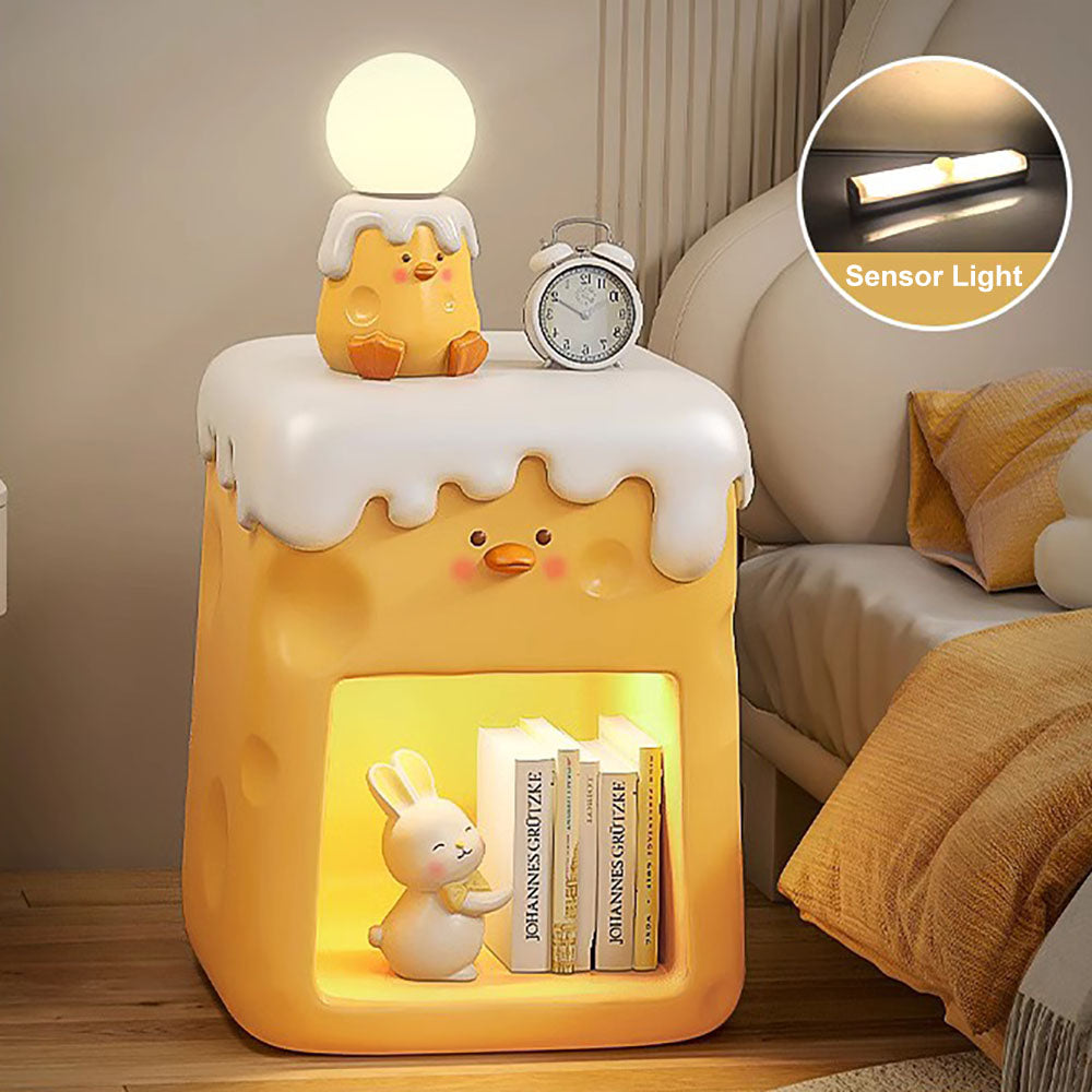 Cute Kid Smart Nightstand with Light & Shelf Yellow Duck Bedside Table with Storage