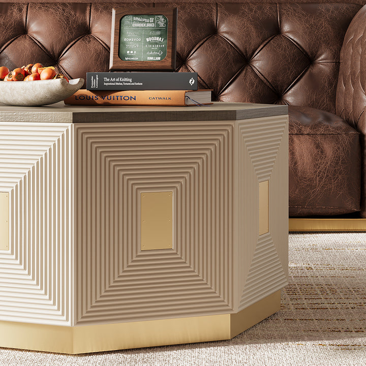 Mid Century Modern Block Coffee Table in Light Grey & Champagne with Octagonal Tabletop