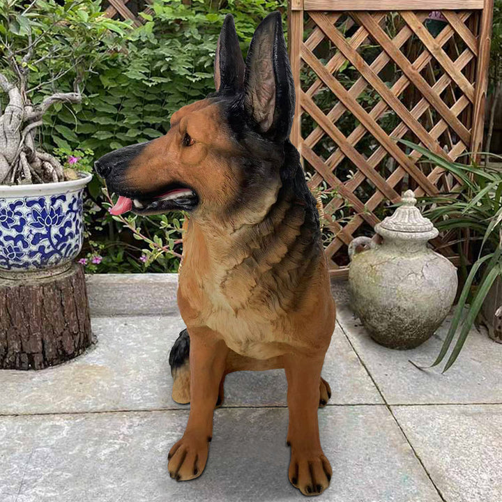 Outdoor German Shepherd Statue Garden Sculpture Resin Dog Floor Decor in Black & Brown