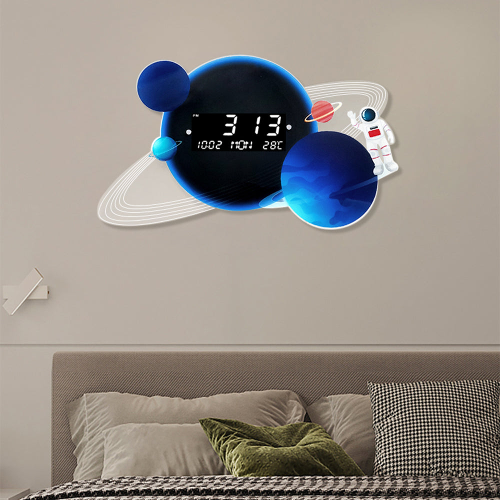 600mm LED Digital Display Modern Acrylic Blue Space Astronaut Wall Clock Decor Art